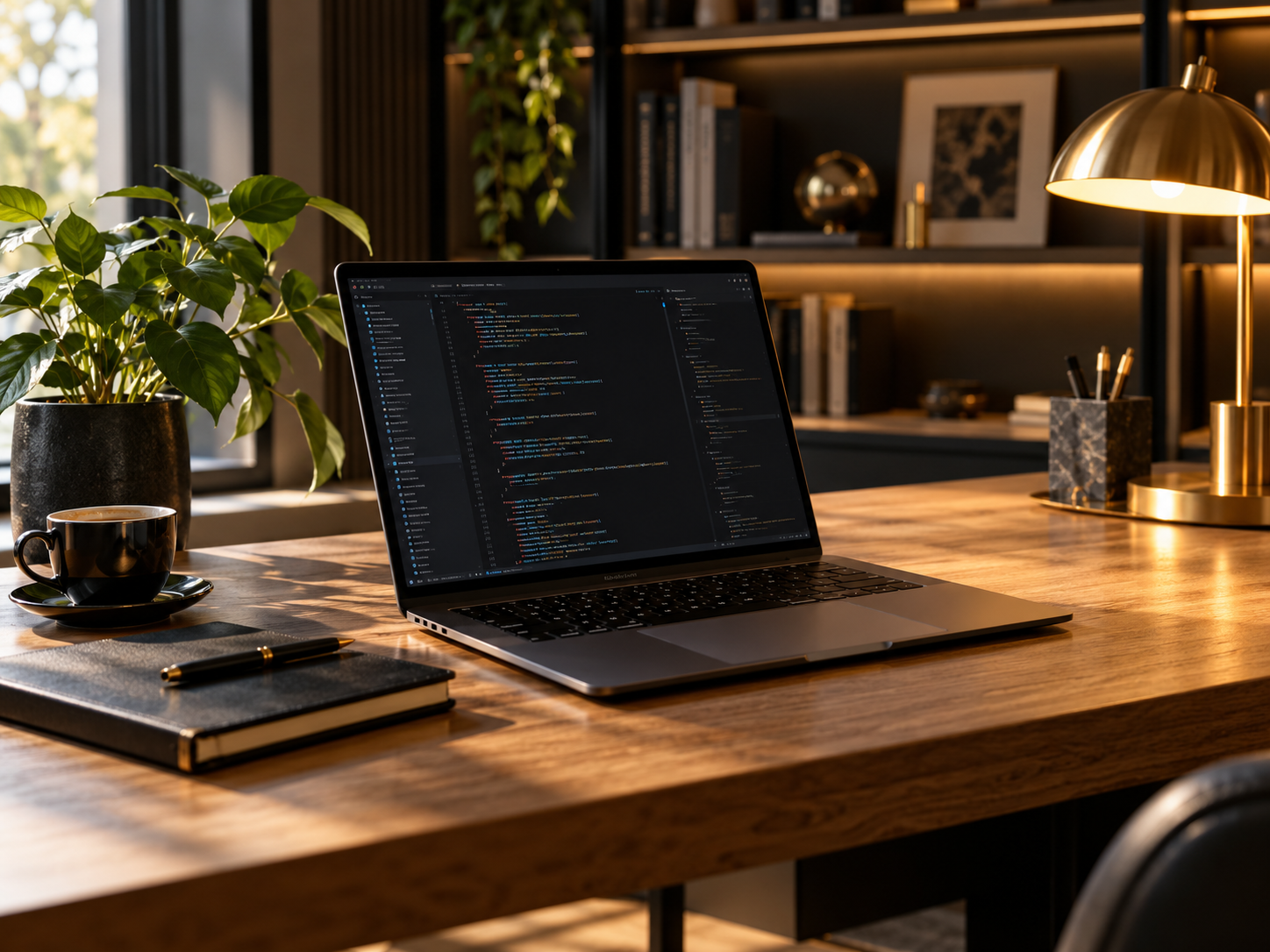 A laptop and notebook in a warmly lit developer workspace